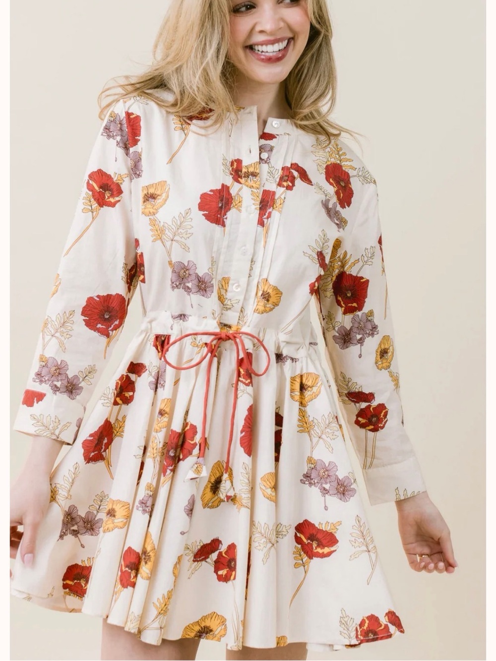 LaRoque XS Reese Floral Drawstring Waist Dress - Cream with Red & Yellow Flower